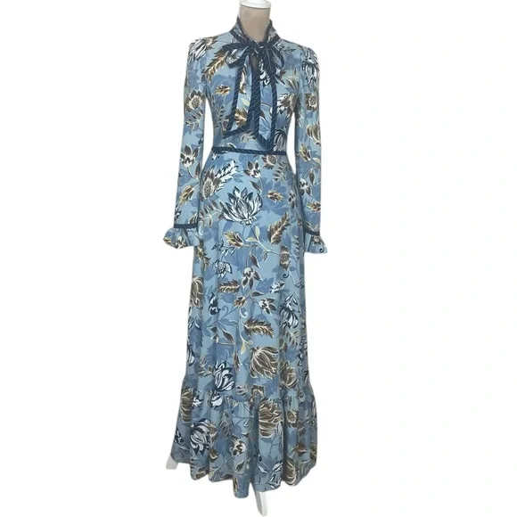 NWT BCBGMaxAzria Ashley Blue Liberty Floral Print TieNeck Long Sleeve Maxi Dress - Picture 4 of 16
